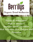 Berrilys Organic Dried Mulberries, White Dried Mulberry, Non-GMO, Unsulfured, Raw, Sun- Dried, Kosher, Vegan, Healthy Berries, Superfood, No Sugar Added Berry,10 oz