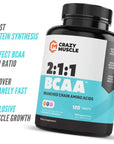 Crazy Muscle BCAA Pills with The Perfect 2:1:1 Ratio of Branched Chain Amino Acids Supplement - 1000mg of BCAAs per Pill (Better Than Capsules) by Crazy Muscle - 120 Tablets