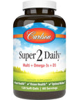 Carlson - Super-2-daily, Multi + Omega-3s + Lutein + D3, Vitamins A C D E plus Norwegian Fish Oil, Fish Oil Multivitamin, Vitamins & Minerals, Multivitamin with Lutein, 120 Softgels