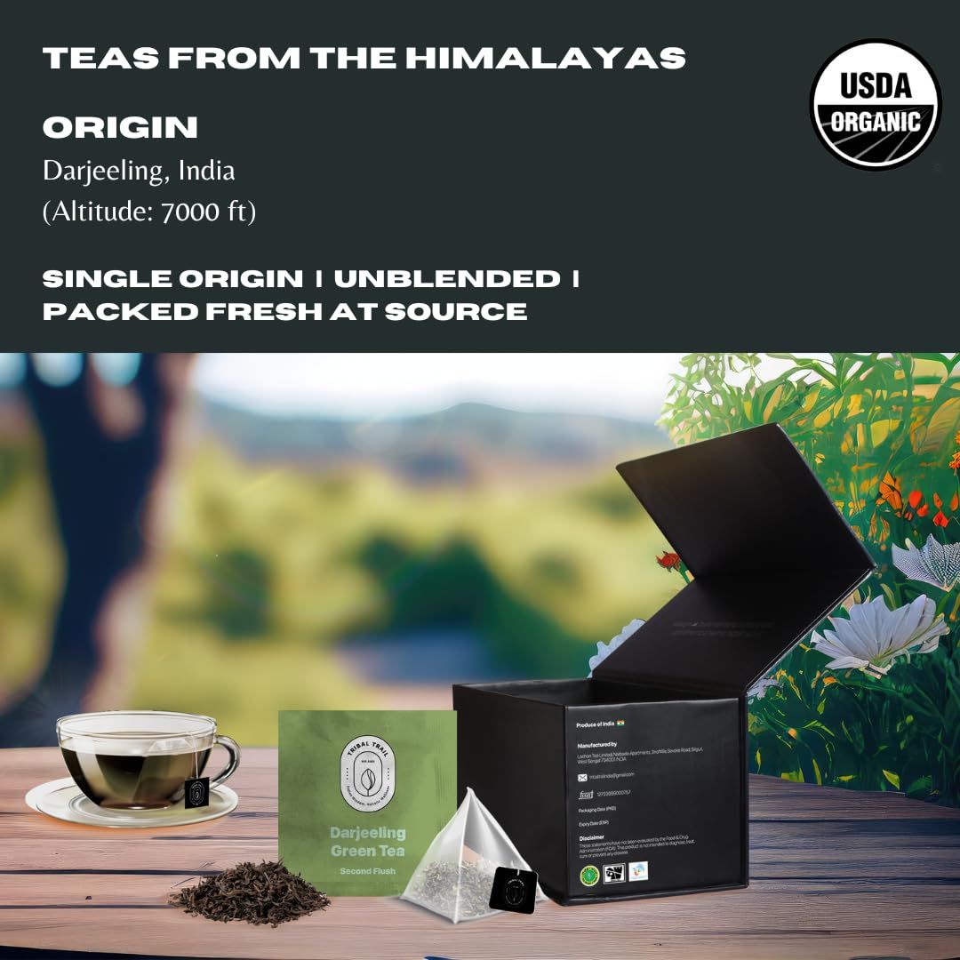 Tribal Trail Organic Green Tea Bags 30 count  212 oz  Darjeeling Tea Second Flush  USDA Organic  NonGMO  Artisanal Tea from Himalayas