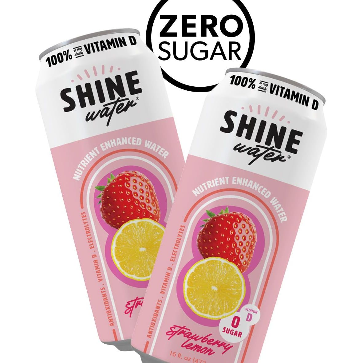 ShineWater Vitamin D Hydration Electrolyte Drink Strawberry Lemon 12 Pack Sugar Free Naturally Flavored Water Magnesium Zinc Vitamin B12 Folic Acid Plant Based Antioxidants Low Calorie