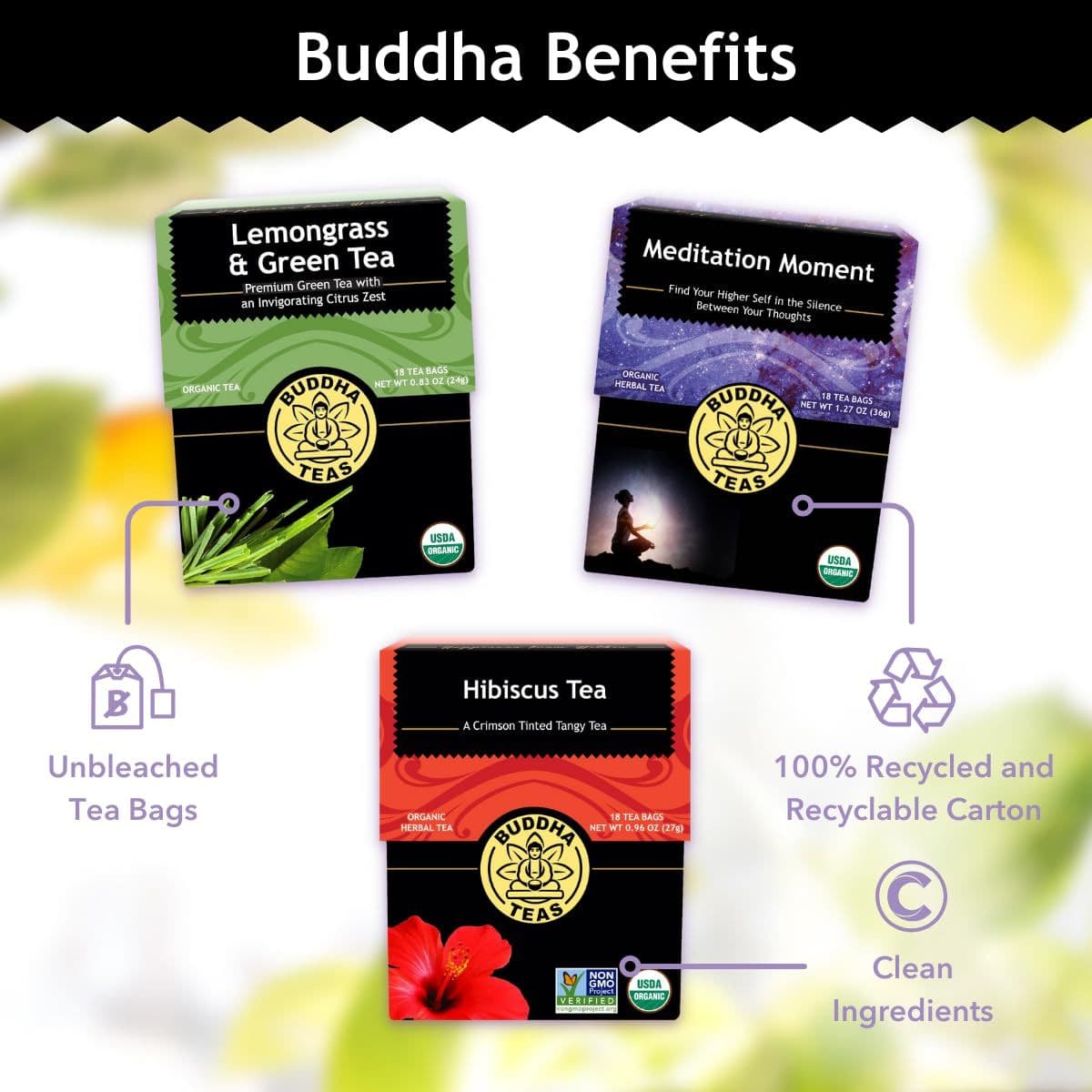 Buddha Teas  Organic Summer Tea Bundle  With Hibiscus Tea Lemongrass Green Tea  Meditation Moment Tea  Vitamins  Minerals  Refreshing Teas  Clean Ingredients  OU Kosher  NonGMO  Pack of 3