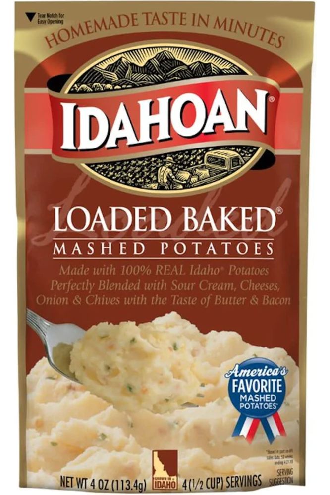 Idahoan Mashed Potatoes Applewood Smoked Bacon Buttery Homestyle Loaded Baked and Roasted Garlic 4 ounce Pack of 4  with Make Your Day Mini Bamboo Spatula