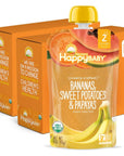 Happy Baby Organic Clearly Crafted Stage 2 Baby Food Bananas, Sweet Potatoes & Papayas, 4 Pouch (Pack of 16), Banana Sweet Potato Yellow Papaya, 64 Oz