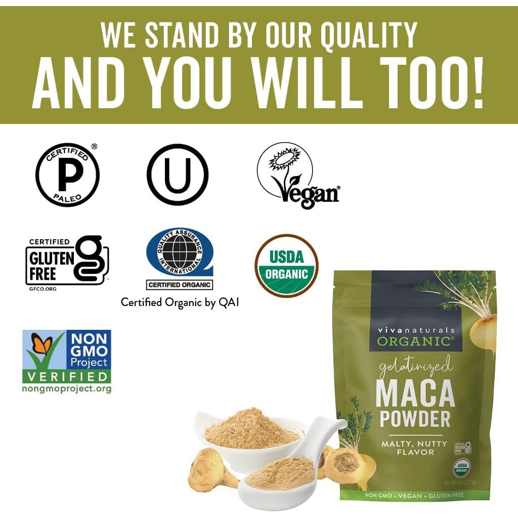 Viva Naturals Organic Maca Powder  Gelatinized Maca Powder Organic Vegan and Kosher Peruvian Superfood  Certified USDA Organic GlutenFree  NonGMO 8 oz Resealable Bag