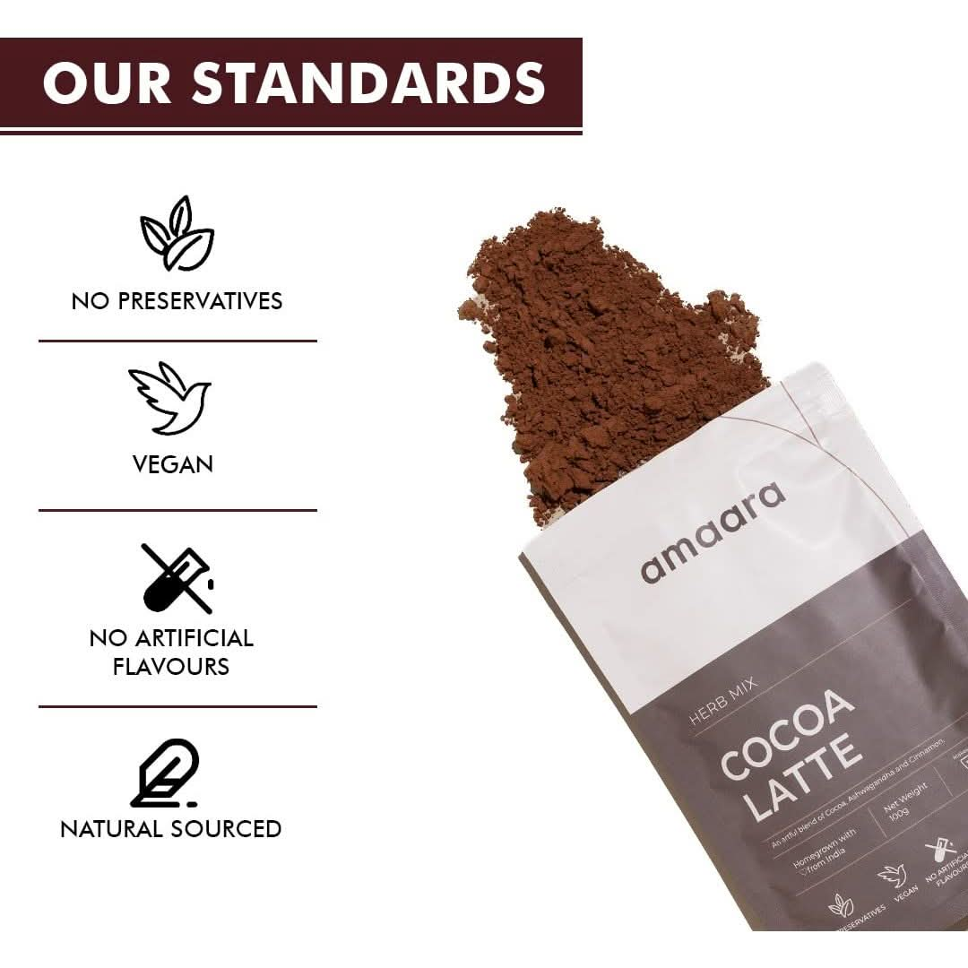 Amaaras COCOA LATTE Herb Mix  100 gms  Cocoa  Ashwagandha  Cinnamon  Coconut Sugar  Organic Herbal Latte  Cocoa Powder  Vegan  Natural Energy Booster  Glutenfree  Brew Hot or Cold