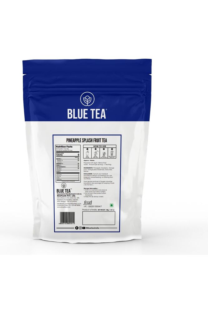 BLUE TEA  Pineapple Splash Fruit Tea  20 Tea Bags  PRIME SAVING DAY  SUPER ANTIOXIDANT  Caffeine Free  Fruity Flavor  Herbal tea  Natural Ingredients  Farm Fresh  Vegan  Ziplock Packaging