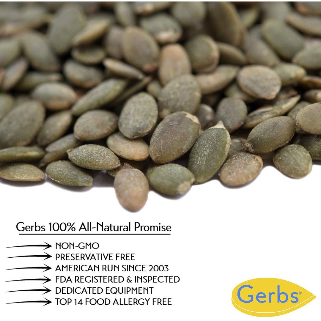 GERBS Lightly Sea Salted Pumpkin Seed Kernels 1 LB  Top 14 Allergy Free Food  Protein rich snack food  Use in salads yogurt oatmeal trail mix  Grown in Canada packaged in USA  Vegan Kosher