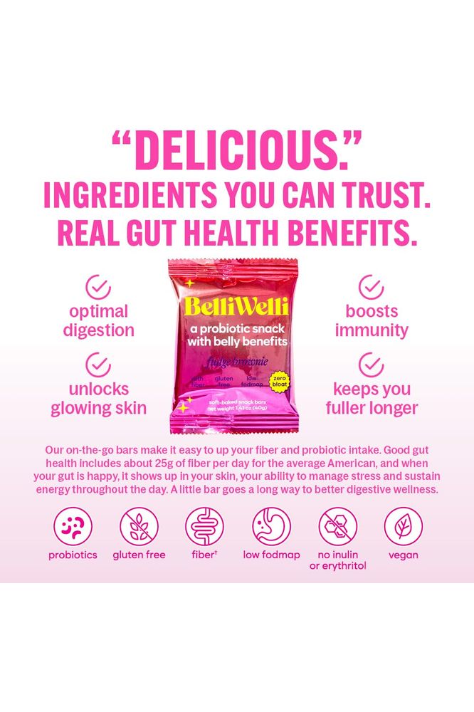 Belliwelli Soft Baked Probiotic Snack Bar  GlutenFree DairyFree Vegan  LowFODMAP  Fudge Brownie 8 Pack