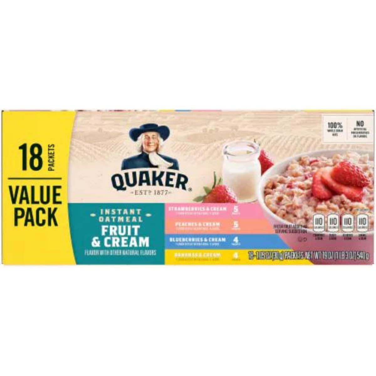 Quaker Fruit  Cream Instant Oatmeal Variety Strawberries Peaches Blueberries and Bananas  18ct  Pack of 2 36 count in total