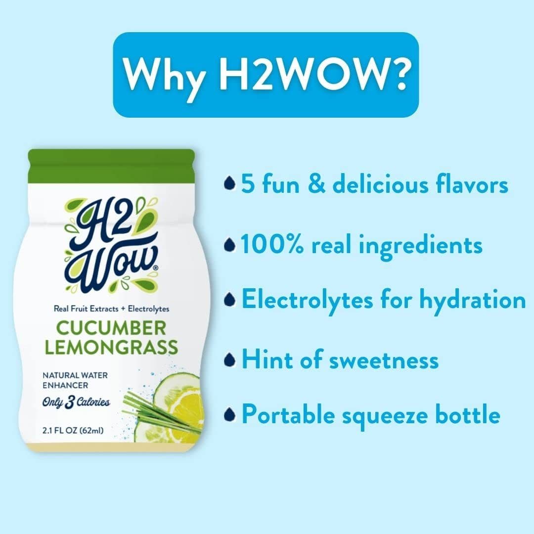 H2wOw Water Enhancer Drops  ORGANIC  Natural Extracts of Real Fruit  a Hint of Organic Stevia  Makes 768 oz of Delicious Cucumber Lemongrass Flavored Water