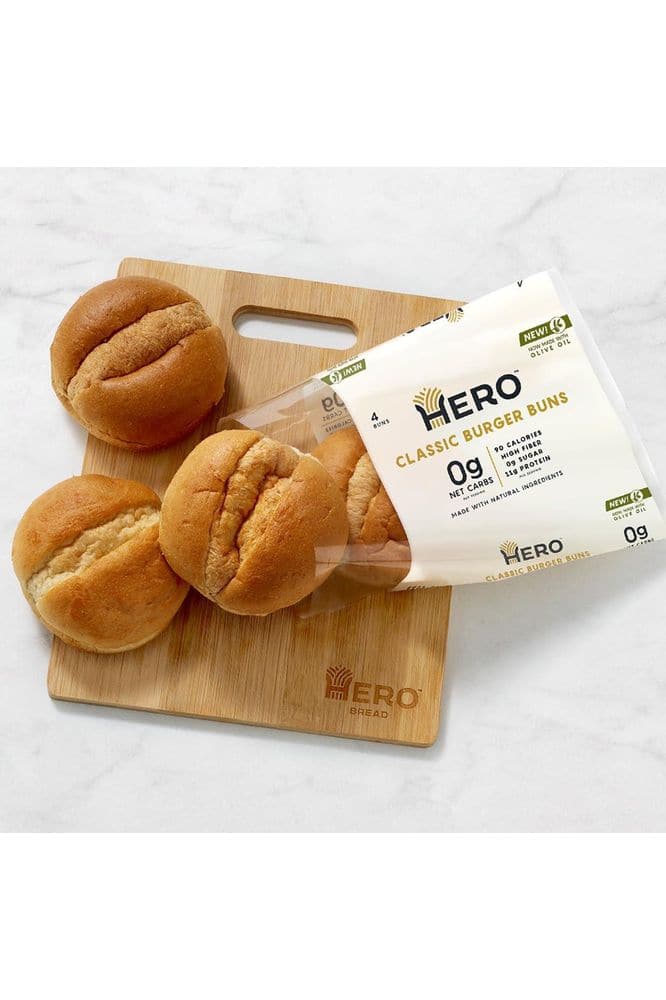 Hero Classic Hamburger Buns - Burger Buns | Net Low Carb Buns | High Fiber, 0g Net Carbs, 0g Sugar &amp; 90 Calories Per Serving Burger Rolls (24 Buns, Pack of 6)