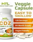 MUSCLE FOOD LABS | C D Z | Vitamin C, 1000mg | Vitamin D3, 125mcg | Zinc, 25mg | Non-GMO & Gluten Free | 120 Vegetarian Capsules |120 Servings