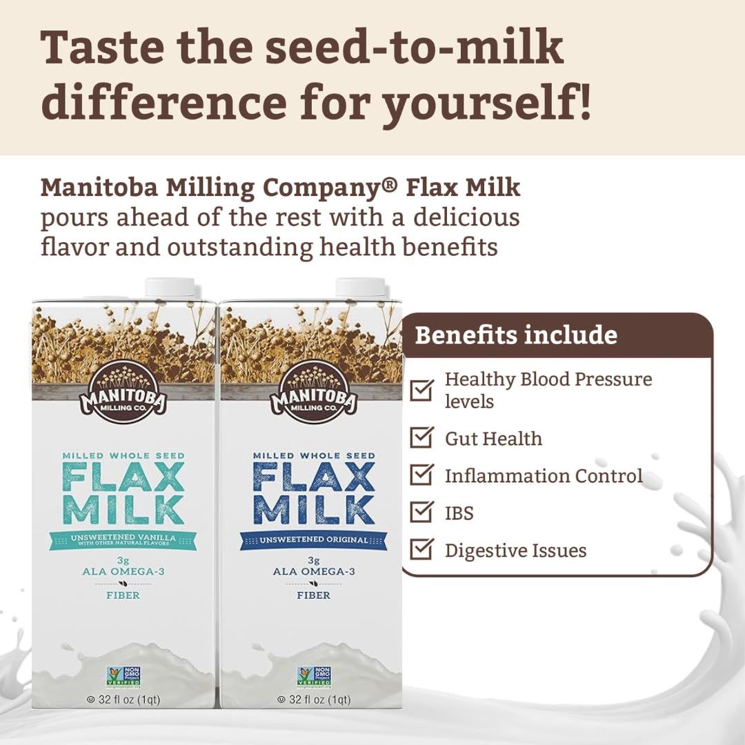 Manitoba Milling Company Unsweetened Flax Milk 32 Ounce Unsweetened Original 4pk PlantBased NonDairy Milk Alternative with Omega3 4 g Protein Fiber Lignans  Shelf Stable