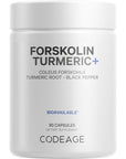 Codeage Forskolin, Pure Forskolin Coleus + Organic Turmeric Root Powder, 95% Curcuminoids + Bioperine Black Pepper for Absorption - 20% Standardized Coleus Forskohlii, Non-GMO, 90 Capsules