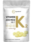 Micro Ingredients Vitamin K2 MK-7 Supplement, 200 mcg Per Serving, 300 Coconut Oil Softgles | Easily Absorbed, Active Menaquinone Form | Immune, Joint, & Heart Support | Non-GMO