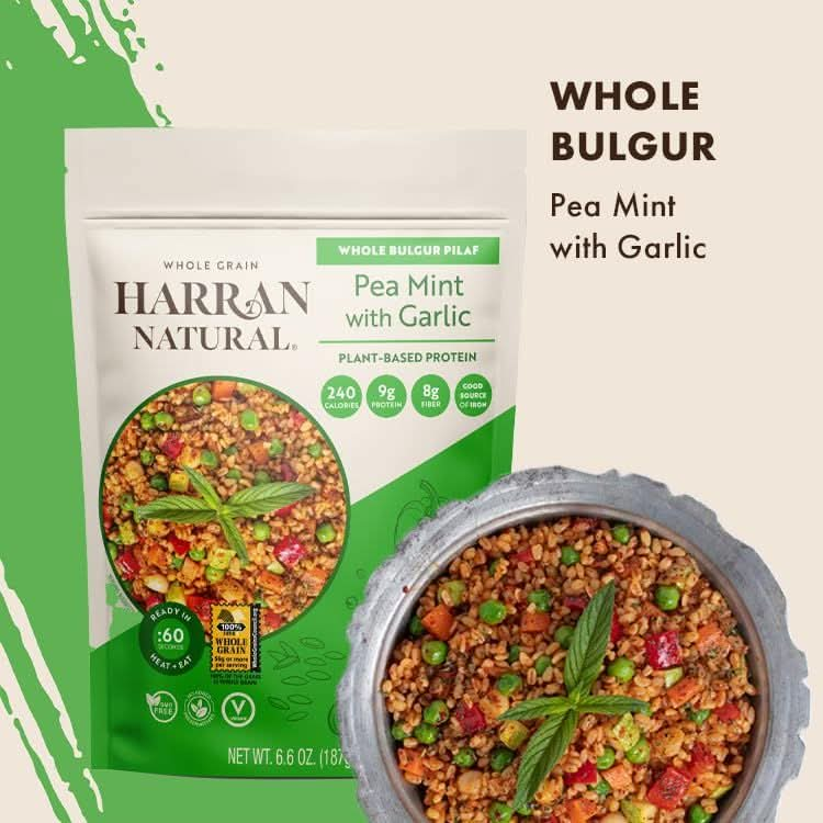 Harran Natural Whole Grain Bulgur Pilaf Instant Meal Pea Mint with Garlic Vegan PlantBased Protein GMOFree Easy Microwave or Stove Top Meal Ready in 60 Seconds  66 Oz Packet