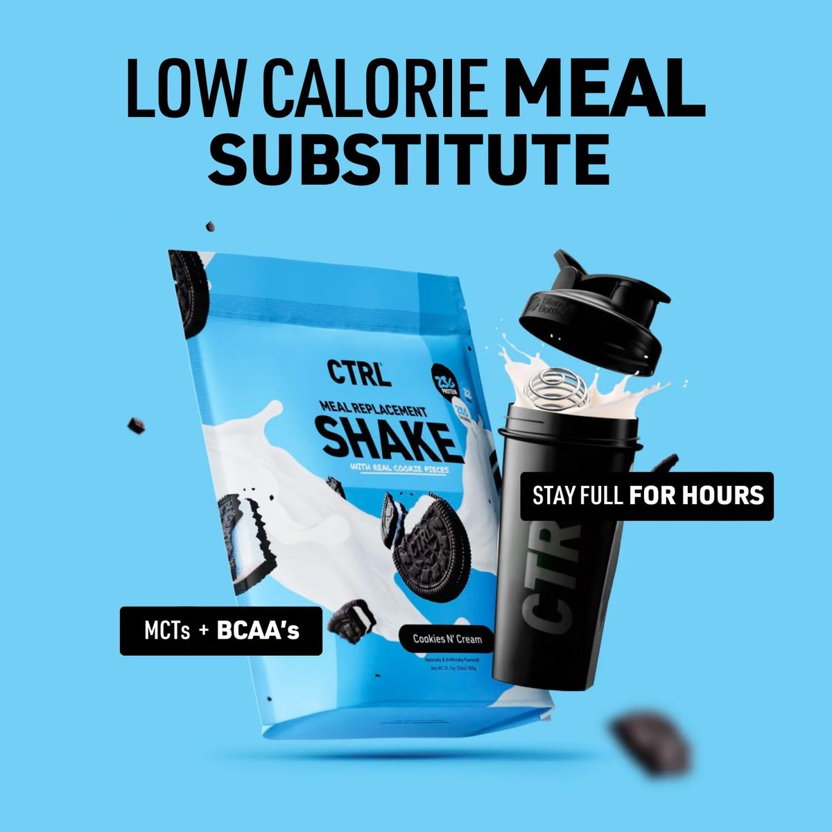 CTRL Meal Replacement Shake with Real Cookie Pieces  Cookies N Cream  15 Servings Packed with Essential Nutrients Including 23g of Protein 8 Grams of Fiber 22 Vitamins and Minerals  Only 1g Sugar  Complete Meal Replacement Nutritional Shake