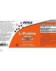 NOW Supplements, L-Proline 500 mg, Collagen Production*, Structural Support*, 120 Veg Capsules