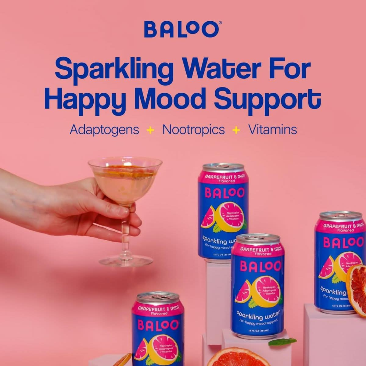 Baloo Sparkling Water Grapefruit Mint MoodBoosting Sparkling Water w Nootropics Adaptogens  Vitamins Packaging May Vary 12 Ounce Cans Pack of 12  NO Artificial Sweeteners Low Calories  Low Sugar Kosher Certified