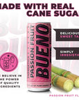 Bueno Energy Drink Passion Fruit Flavor 12oz Made With Real Cane Sugar 12 Pack  Great Taste No Jitters Long Lasting Energy With Healthy Ginseng  Real Sugar All Natural Flavor  No Artificial Sweeteners Passion Fruit