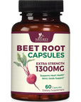 Beet Root Powder Capsules - Supports Athletic Performance, Digestive Health, Immune System - Nature's Beet Root Extract Supplement 1300mg per Serving - Vegan, Gluten Free, Non-GMO - 60 Capsules