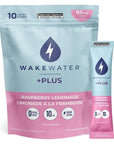 WakeWater Plus Energy Powder  Raspberry Lemonade 10 x 5g sticks  Vitamins and Electrolytes  Natural Green Tea Caffeine  No Sugar or Artificial Sweetener