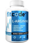 fitcode Pure Extra Strength L-Arginine HCl 1500mg, Nitric Oxide Supplement for Vascularity, Pumps, Endurance, Performance, Muscle Growth, Energy, Powerful N.O. Muscle Pump Capsules (50 Servings)