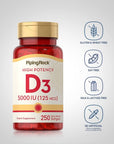 Piping Rock Vitamin D3 5000 IU | 250 Softgels | High Potency Supplement | Non-GMO, Gluten Free