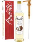 Amoretti  Premium Coconut Cream Syrup with Pump for Flavoring Coffees Cocktails and other Beverages 94 Servings Per Bottle 750 ml Gluten Free GMOGEO Free Preservative Free