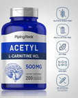 Piping Rock Acetyl L-Carnitine 500mg | 200 Capsules | HCL Supplement | Non-GMO, Gluten Free