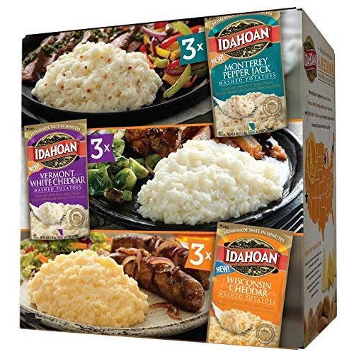 Idahoan Variety Pack featuring Vermont White Cheddar Wisconsin Cheddar and Monterey Pepper Jack Mashed Potatoes Cheese Across America Pack of 9 Pouches 4 servings each