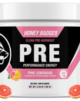 Honey Badger Pre Workout Powder, Keto Vegan Preworkout for Men & Women with Vitamin C for Immune Support, Beta Alanine & Caffeine, Sugar Free Natural Energy Supplement, Pink Lemonade, 30 Servings