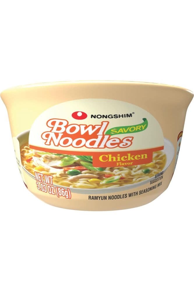 Nongshim Savory Chicken Noodle Soup Instant Ramen, 12 Pack, Microwaveable Bowl Soup Mix, Korean Ramyun with Cabbage &amp; Carrots, Sabor a Pollo