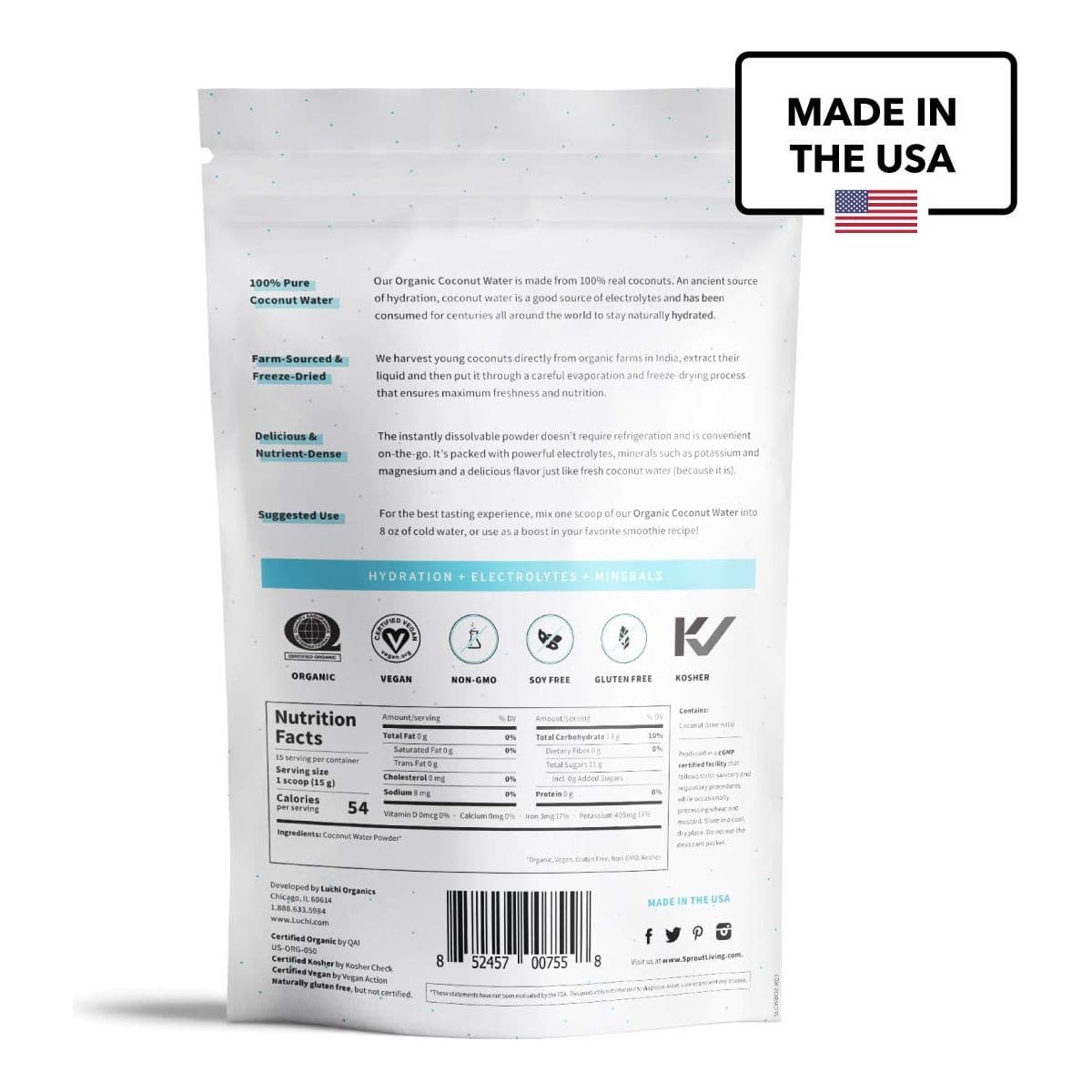 Sprout Living Organic Coconut Water Powder 166drink Original Unflavored Freeze Dried No Carriers No Additives 8 Ounces 15 Servings