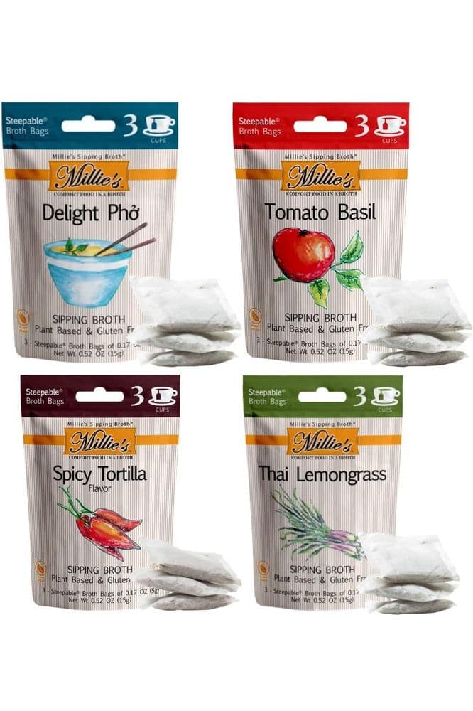 MILLIE&#39;S SIPPING BROTH Steepable Vegetable Broth with Savory Seasonings for Snack Urges | Vegan, Keto, Gluten Free, Intermittent Fasting, and natural | (4 Pack Assortment - 12 Broth Bags Total)