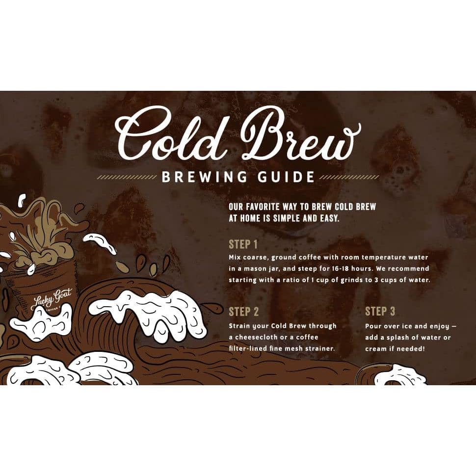 Lucky Goat Cold Brew Coffee  Goat Tracks  Chocolate  Caramel Flavored  Medium Body Roast  Sweet  Specialty Grade 100 Arabica  Course Ground Coffee Grinds  Sugar Free Gluten Free Keto 12oz