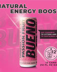 Bueno Energy Drink Passion Fruit Flavor 12oz Made With Real Cane Sugar 12 Pack  Great Taste No Jitters Long Lasting Energy With Healthy Ginseng  Real Sugar All Natural Flavor  No Artificial Sweeteners Passion Fruit