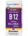 Superior Source No Shot Vitamin B12 Methylcobalamin (1000 mcg), B6, Folic Acid, Quick Dissolve MicroLingual Tablets, 60 Ct, Increase Energy, Healthy Heart, Boost Metabolism, Stress Support, Non-GMO