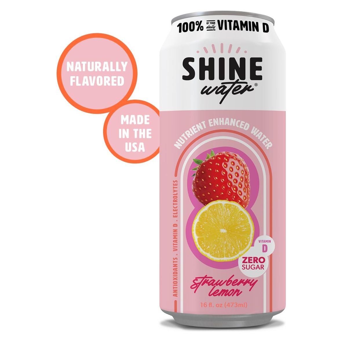 ShineWater Vitamin D Hydration Electrolyte Drink Strawberry Lemon 12 Pack Sugar Free Naturally Flavored Water Magnesium Zinc Vitamin B12 Folic Acid Plant Based Antioxidants Low Calorie