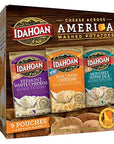 Idahoan Variety Pack featuring Vermont White Cheddar Wisconsin Cheddar and Monterey Pepper Jack Mashed Potatoes Cheese Across America Pack of 9 Pouches 4 servings each