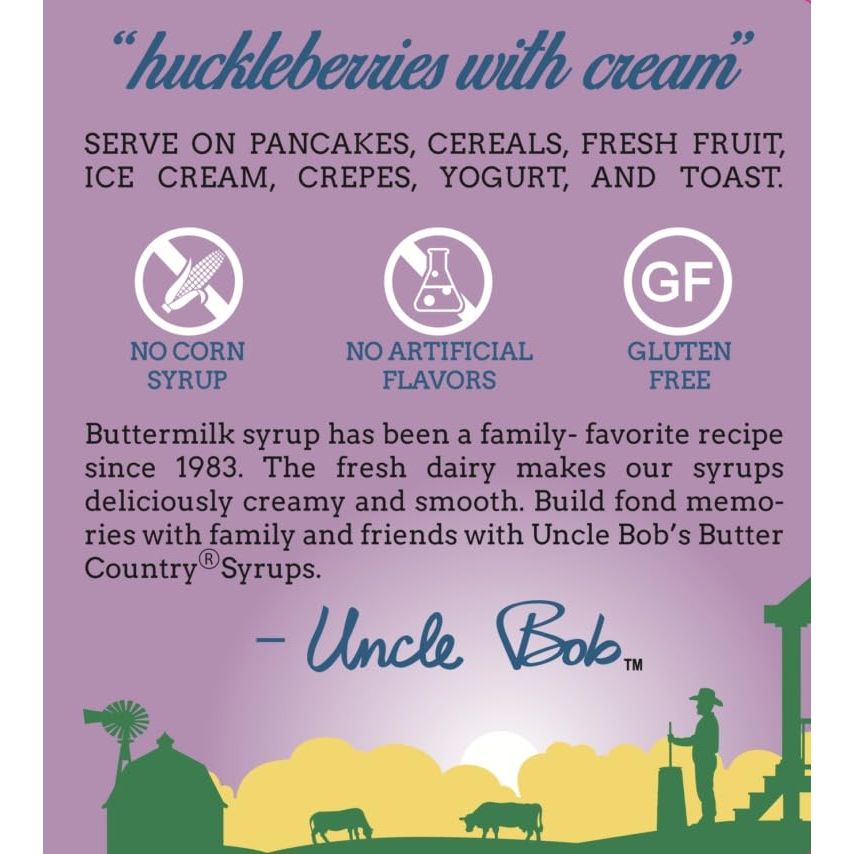 BUTTER COUNTRY Rich  Creamy Buttermilk Syrup  Huckleberry Cream Flavor  No Artificial Flavors No Corn Syrup GlutenFree rBSTFree Dairy  Syrup for Pancakes Waffles  Desserts  16 fl oz1 Pack