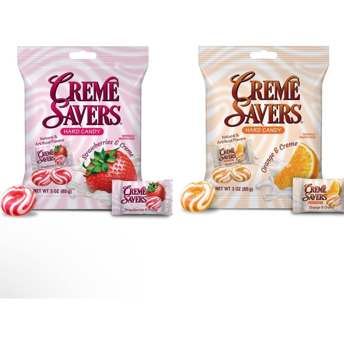 CREME SAVERS  Classic Original Individally Wrapped Strawberries and Creme and Orange and Creme Hard Candy  2  PACK Variety  Sameday Shippers Card