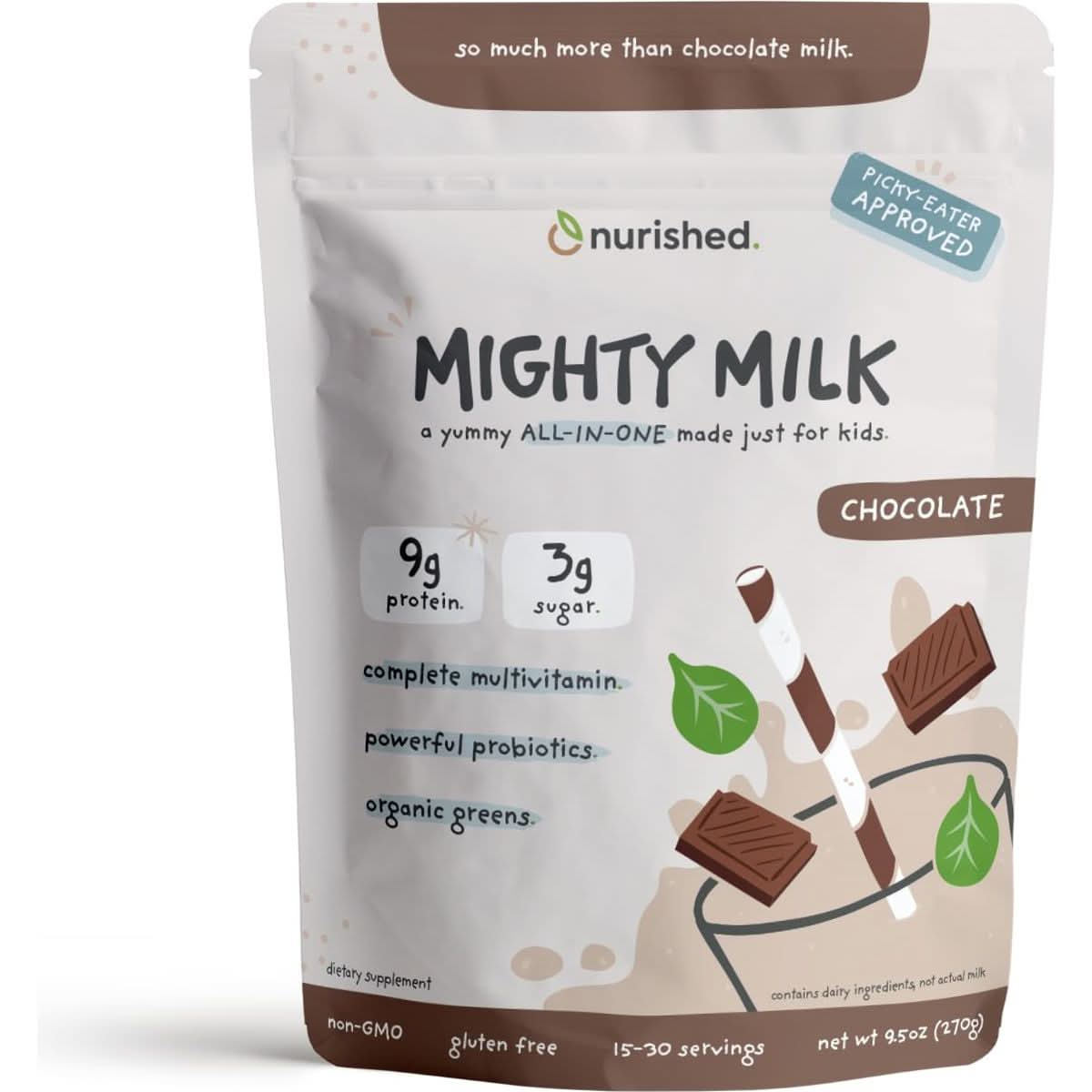 Nurished Mighty Chocolate Milk  Kids Daily Protein Powder Boosted with 2 Billion Probiotics and Organic Spinach Leaves  Natural Flavors Colors and Sweeteners  1530 Servings