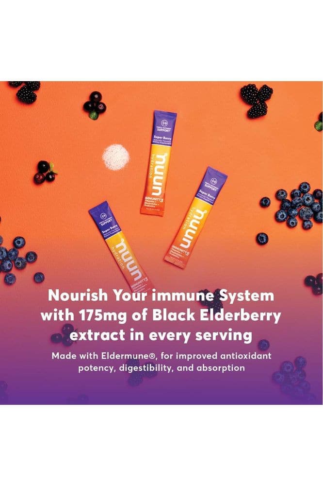 Nuun Immunity3 Electrolyte Powder Elderberry Vitamins Prebiotics Zinc, Super Berry, 12g (Pack of 14)