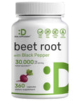 Beet Root Capsules 30000mg Per Serving, 360 Count, with Black Pepper Extract - Enhanced Absorption, Pure Beet Root Powder Source - Nitric Oxide Supplements