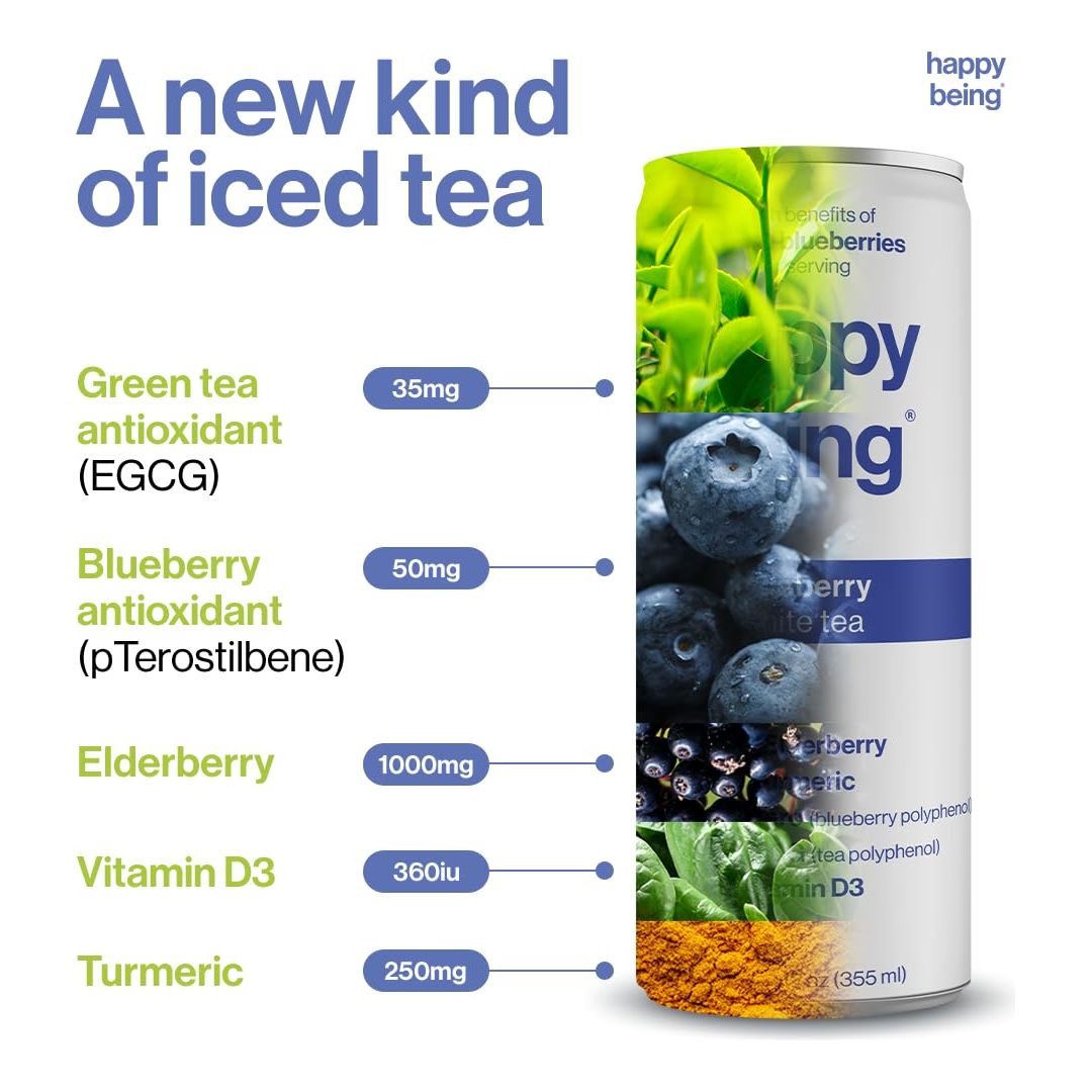 Happy Being NutrientRich Organic Blueberry White Tea  Infused with Turmeric Elderberry Vitamin D3 Caffeine Free PlantBased Low Calorie  Low Sugar Drinks 12oz 4 Pack