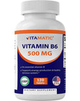 Vitamatic Vitamin B6 (Pyridoxine HCI), 500 mg 120 Vegetarian Tablets - Promotes Energy Production, boosts Metabolism and Immune Health Support