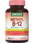 REMEDIATE Vitamin B12, Methylcobalamin 5000 mcg, Energy Production, Red Blood Cells Formation & Healthy Nervous System, Vegan, Natural Peach Flavor, No Sugar, Non-GMO, 90 Fast Dissolve Tablets