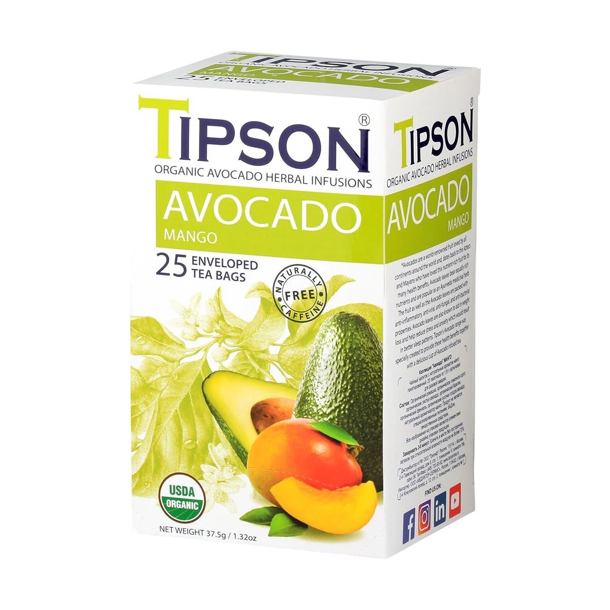 Tipson Organic Avocado Herbal Infusions  Avocado Mango  Caffeine Free Non GMO Gluten Free Kosher  25 Tea Bags Pack of 1